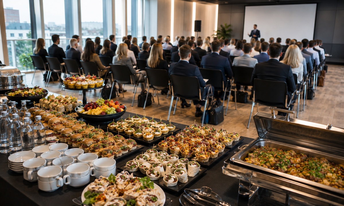 Catering rozstawiony przy sali konferencyjnej podczas wydarzenia firmowego